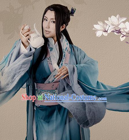 China Jin Dynasty Childe Garment Costumes Traditional Cosplay Swordsman Blue Hanfu Clothing Ancient Young Scholar Apparels