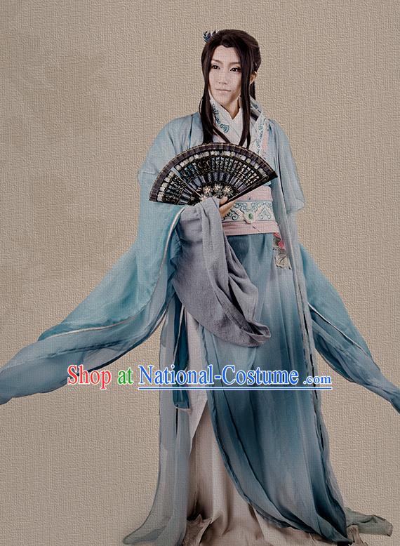 China Jin Dynasty Childe Garment Costumes Traditional Cosplay Swordsman Blue Hanfu Clothing Ancient Young Scholar Apparels