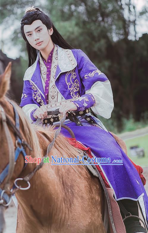 China Ancient Young Hero Apparels Jin Dynasty Childe Garment Costumes Traditional Cosplay Swordsman Purple Hanfu Clothing