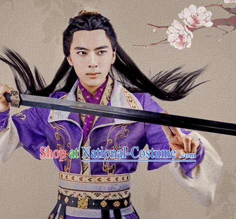 China Ancient Young Hero Apparels Jin Dynasty Childe Garment Costumes Traditional Cosplay Swordsman Purple Hanfu Clothing