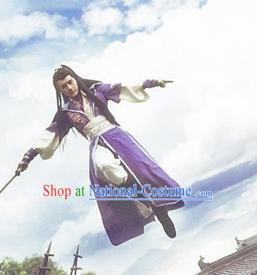 China Ancient Young Hero Apparels Jin Dynasty Childe Garment Costumes Traditional Cosplay Swordsman Purple Hanfu Clothing