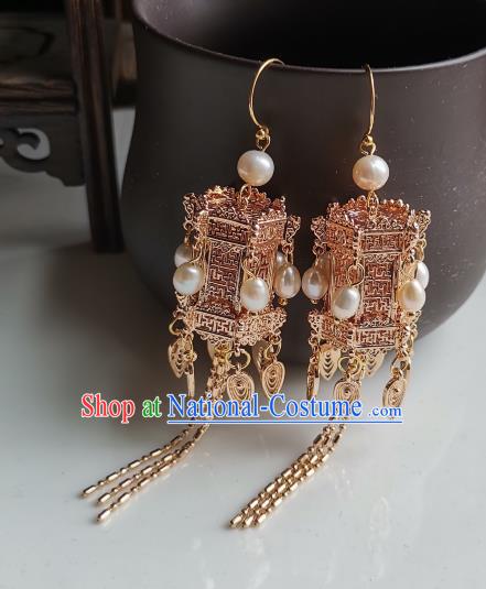 Handmade China Traditional Ming Dynasty Court Woman Ear Accessories Ancient Empress Golden Lantern Earrings