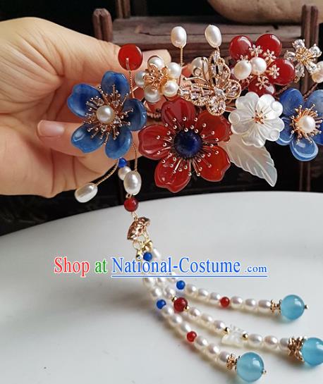 China Ming Dynasty Court Woman Hair Comb Traditional Hanfu Hair Accessories Handmade Ancient Imperial Concubine Tassel Hairpin