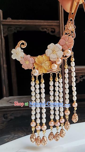 China Song Dynasty Court Woman Golden Hair Stick Traditional Hanfu Hair Accessories Handmade Ancient Empress Pearls Tassel Hairpin