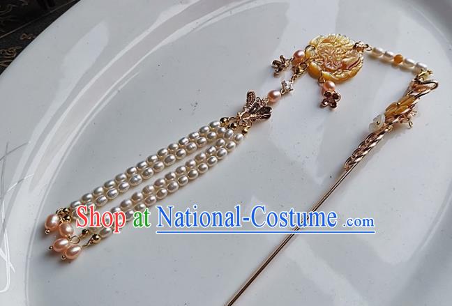 China Ming Dynasty Pearls Tassel Hair Stick Traditional Hanfu Hair Accessories Handmade Ancient Empress Shell Hairpin