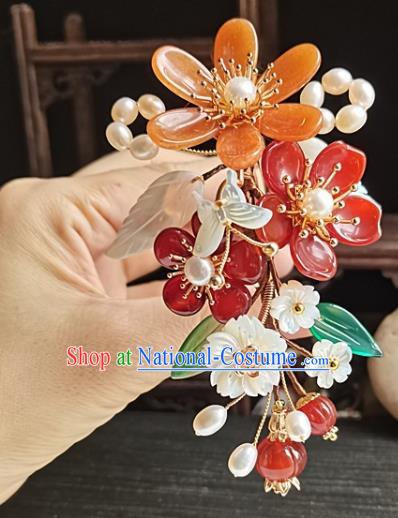 China Ming Dynasty Agate Flowers Hair Comb Traditional Hanfu Hair Accessories Handmade Ancient Imperial Concubine Shell Butterfly Hairpin