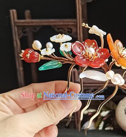 China Ming Dynasty Agate Flowers Hair Comb Traditional Hanfu Hair Accessories Handmade Ancient Imperial Concubine Shell Butterfly Hairpin