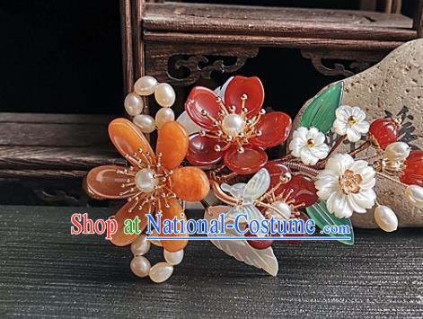 China Ming Dynasty Agate Flowers Hair Comb Traditional Hanfu Hair Accessories Handmade Ancient Imperial Concubine Shell Butterfly Hairpin