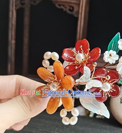 China Ming Dynasty Agate Flowers Hair Comb Traditional Hanfu Hair Accessories Handmade Ancient Imperial Concubine Shell Butterfly Hairpin