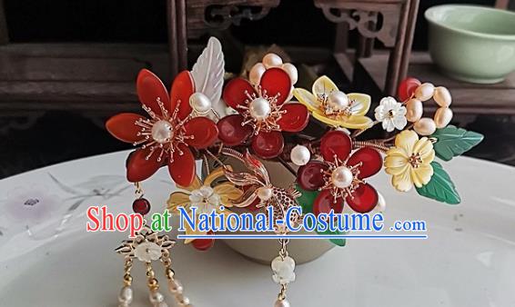 China Ming Dynasty Pearls Tassel Hair Comb Traditional Hanfu Hair Accessories Handmade Ancient Imperial Concubine Agate Plum Hairpin