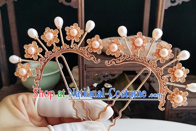 China Tang Dynasty Golden Plum Hair Comb Traditional Hanfu Hair Accessories Handmade Ancient Imperial Concubine Pearls Hairpin