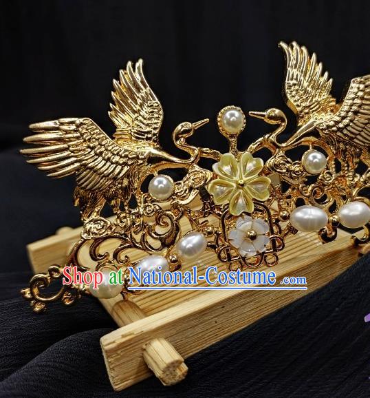 China Ming Dynasty Golden Cranes Hair Crown Traditional Hanfu Hair Accessories Handmade Ancient Empress Pearls Hairpin