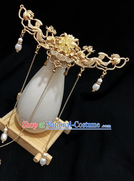 China Ming Dynasty Golden Phoenix Hair Crown Traditional Hanfu Hair Accessories Handmade Ancient Empress Pearls Tassel Hairpin