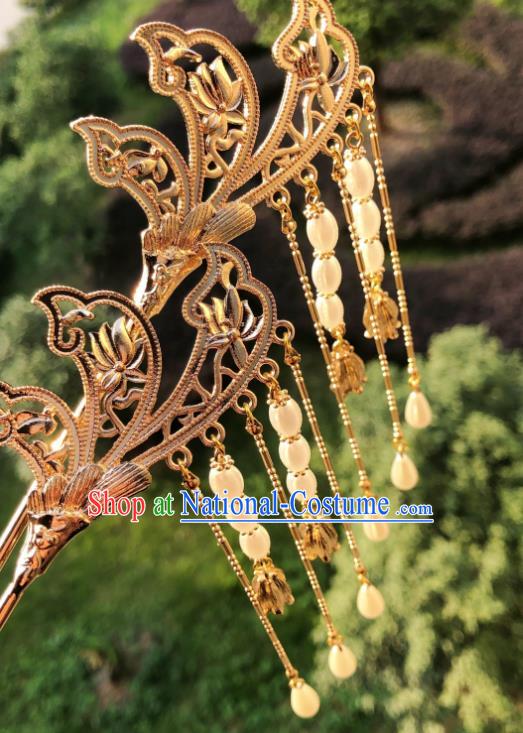 China Tang Dynasty Court Lady Golden Hair Stick Traditional Hanfu Hair Accessories Handmade Ancient Princess Tassel Hairpin