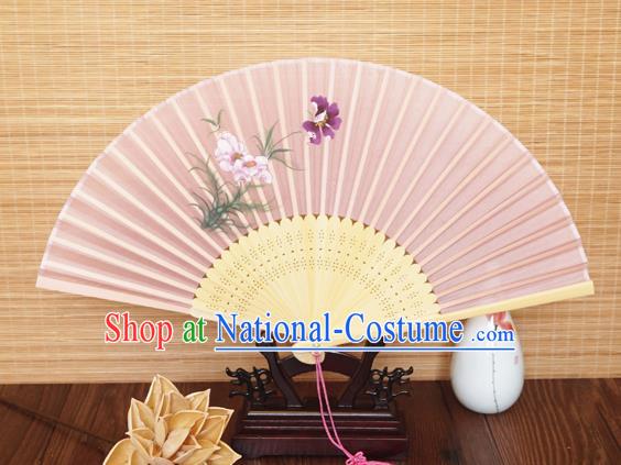 Handmade China Traditional Folding Fans Bamboo Fan Classical Suzhou Pink Silk Accordion Printing Orchids Fan