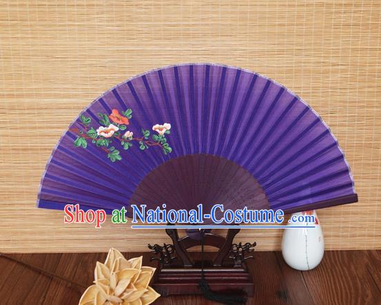 Handmade China Classical Suzhou Purple Silk Accordion Printing Flowers Fan Traditional Folding Fans Bamboo Fan