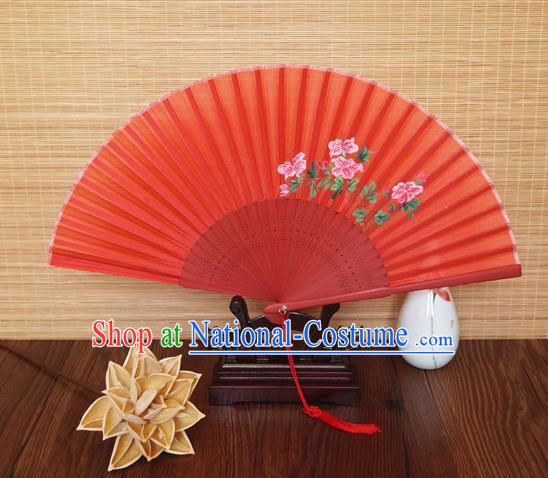 Handmade China Bamboo Fan Classical Suzhou Red Silk Accordion Printing Flowers Fan Traditional Folding Fans