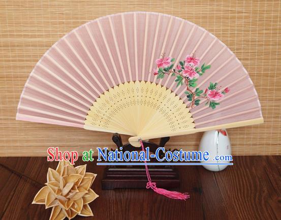 Handmade China Traditional Folding Fans Bamboo Fan Classical Suzhou Pink Silk Accordion Printing Peach Flowers Fan