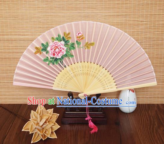 Handmade China Printing Peony Fan Traditional Folding Fans Bamboo Fan Classical Suzhou Pink Silk Accordion