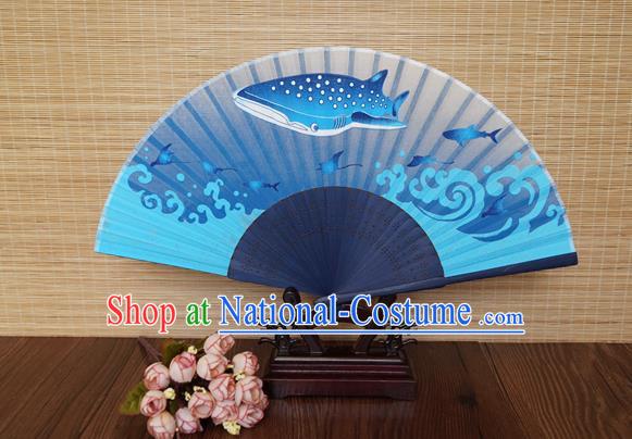 Handmade China Blue Bamboo Fan Classical Silk Accordion Printing Whale Fan Traditional Folding Fans