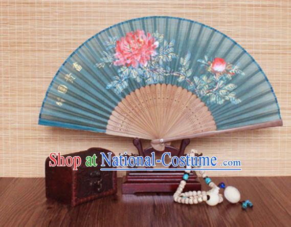 Handmade China Traditional Folding Fans Bamboo Fan Classical Green Silk Accordion Printing Peony Fan