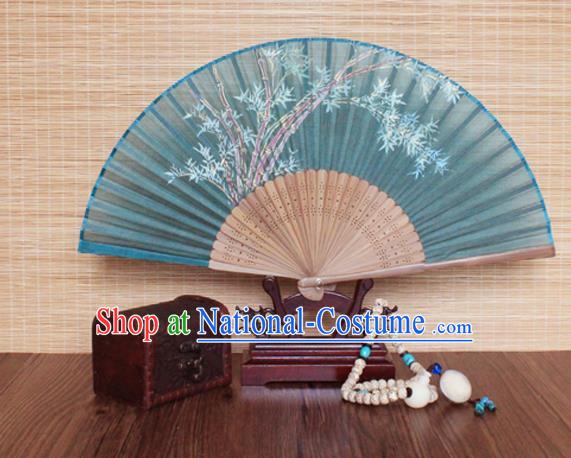 Handmade China Printing Fan Traditional Folding Fans Bamboo Fan Classical Green Silk Accordion