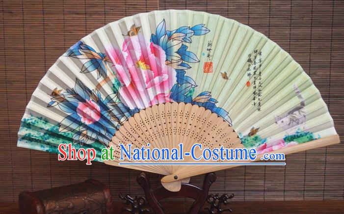 China Traditional Dance Folding Fans Bamboo Fan Classical Beige Silk Accordion Handmade Printing Peony Fan