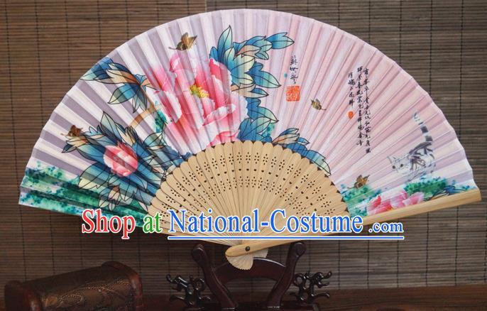 China Handmade Printing Peony Fan Traditional Dance Folding Fans Bamboo Fan Classical Pink Silk Accordion