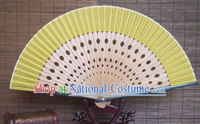 China Traditional Dance Folding Fan Bamboo Fan Classical Yellow Silk Accordion Handmade Fans