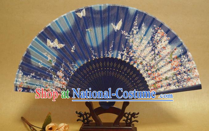 China Handmade Printing Sakura Butterfly Fans Traditional Dance Folding Fan Bamboo Fan Classical Deep Blue Silk Accordion