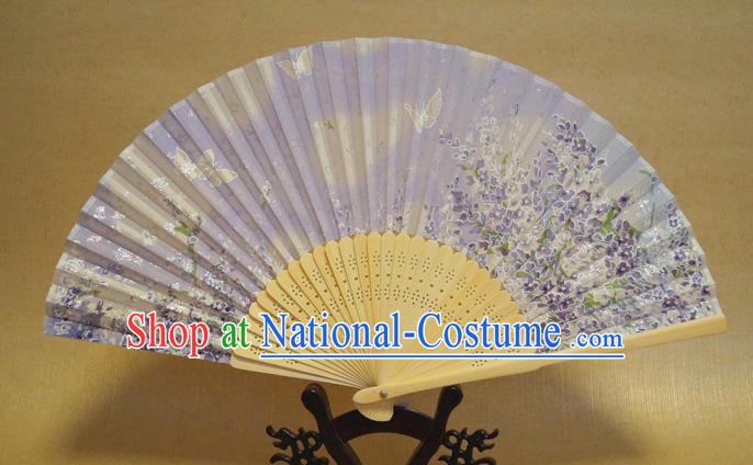 China Classical Lilac Silk Accordion Handmade Printing Sakura Butterfly Fans Traditional Dance Folding Fan Bamboo Fan