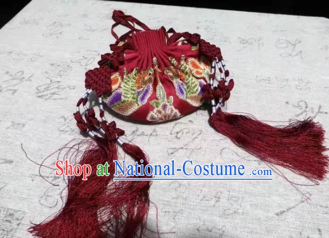 Chinese Traditional Hanfu Wine Red Silk Perfume Satchel Belt Pendant Ming Dynasty Waist Accessories Ancient Princess Embroidered Sachet