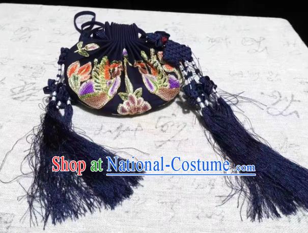 Chinese Ancient Princess Embroidered Sachet Traditional Hanfu Navy Silk Perfume Satchel Belt Pendant Ming Dynasty Waist Accessories