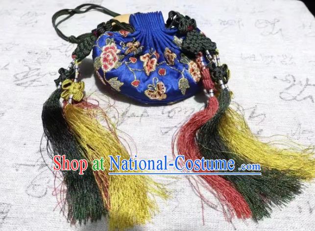 Chinese Traditional Hanfu Royalblue Silk Perfume Satchel Ming Dynasty Belt Pendant Waist Accessories Ancient Princess Suzhou Embroidered Sachet