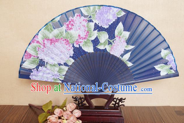 China Traditional Dance Folding Fans Bamboo Fan Classical Navy Silk Accordion Handmade Printing Hydrangea Fan