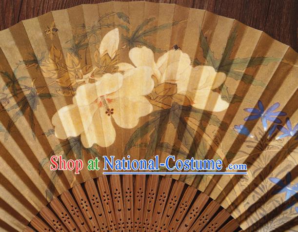 China Handmade Printing Mangnolia Fan Traditional Dance Folding Fans Bamboo Fan Classical Yellow Silk Accordion