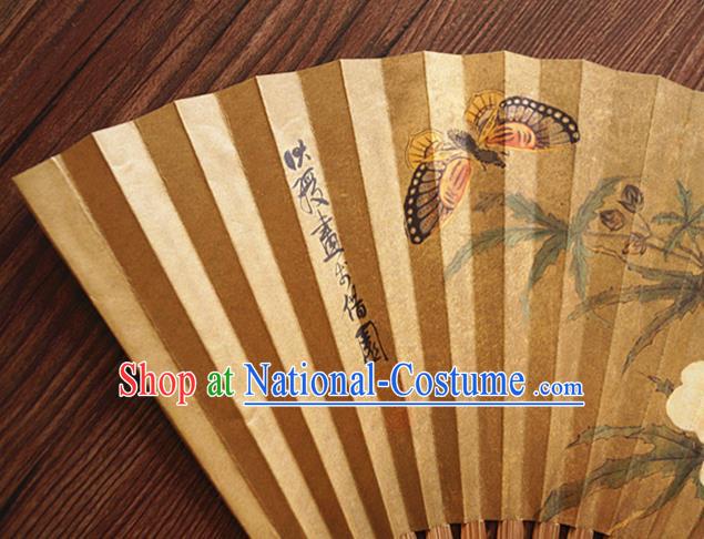 China Handmade Printing Mangnolia Fan Traditional Dance Folding Fans Bamboo Fan Classical Yellow Silk Accordion