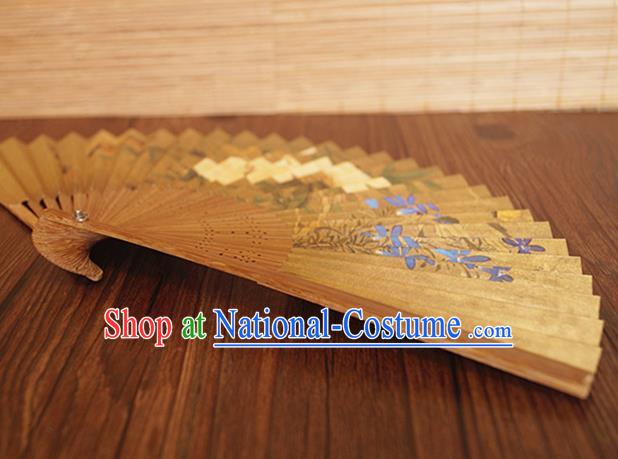 China Handmade Printing Mangnolia Fan Traditional Dance Folding Fans Bamboo Fan Classical Yellow Silk Accordion