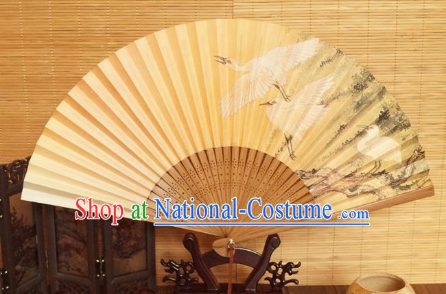 China Bamboo Fan Classical Silk Accordion Handmade Printing Cranes Fan Traditional Dance Folding Fans