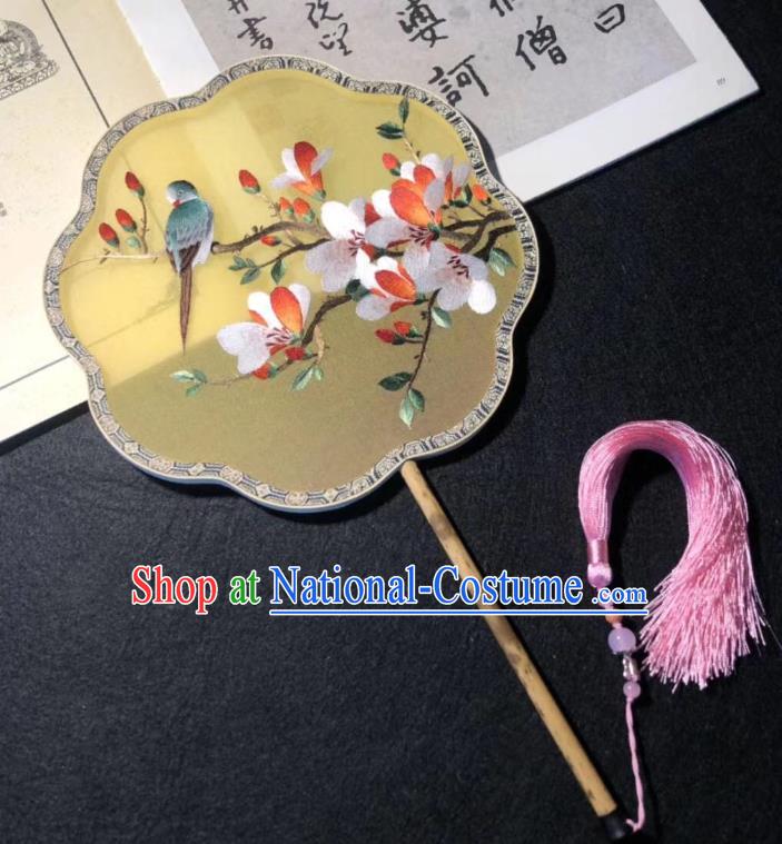 China Traditional Yellow Silk Fans Cheongsam Dance Fan Classical Palace Fan Handmade Double Side Suzhou Embroidered Mangnolia Fan