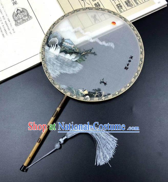 China Classical Palace Fan Handmade Double Side Suzhou Embroidered Landscape Fan Traditional Grey Silk Fans Cheongsam Dance Circular Fan