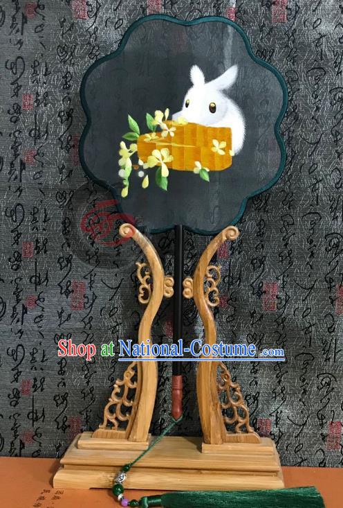 China Classical Palace Fan Handmade Double Side Suzhou Embroidered Rabbit Fan Traditional Silk Fans Cheongsam Dance Fan