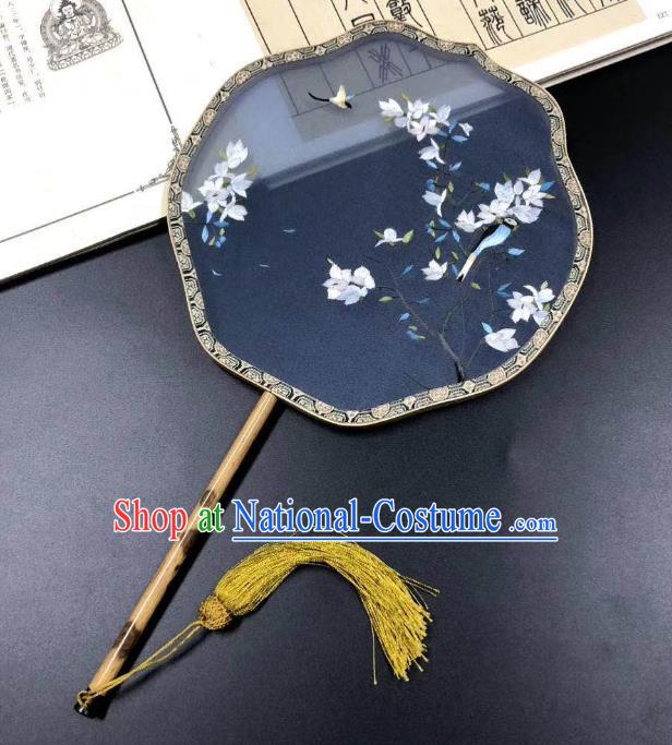 China Classical Palace Fan Handmade Double Side Suzhou Embroidered Mangnolia Fan Traditional Navy Silk Fans Cheongsam Dance Fan