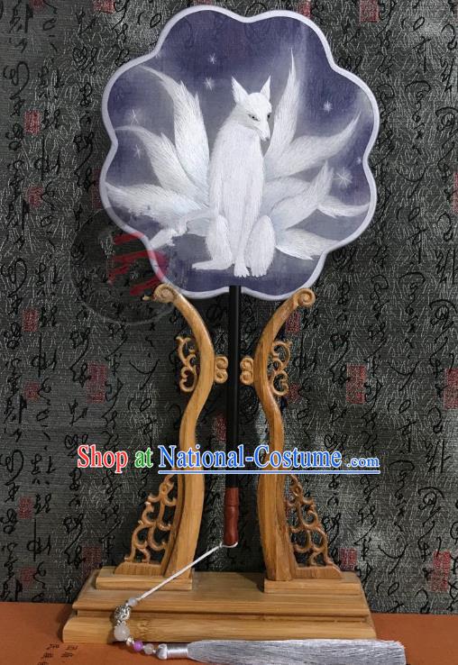 China Traditional Purple Silk Fans Cheongsam Dance Fan Classical Palace Fan Handmade Double Side Suzhou Embroidered Nine Tails Fox Fan