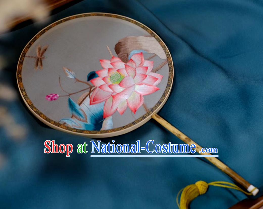 China Suzhou Embroidered Lotus Double Side Fan Traditional Song Dynasty Silk Fans Handmade Hanfu Circular Fan Classical Palace Fan