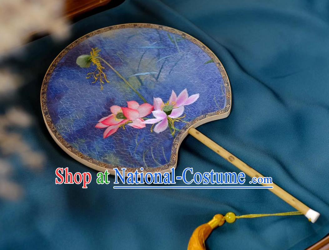 China Classical Palace Fan Double Side Suzhou Embroidered Lotus Fan Traditional Song Dynasty Princess Fans Handmade Hanfu Blue Silk Fan