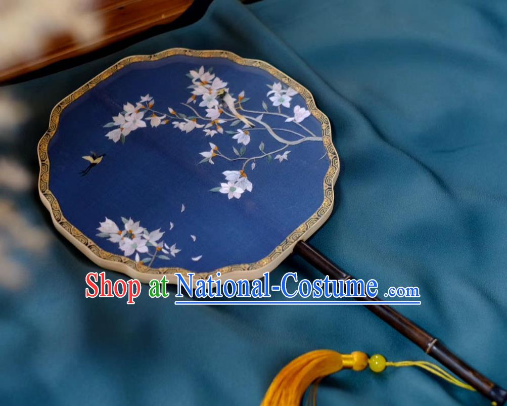 China Double Side Suzhou Embroidered Mangnolia Fan Handmade Song Dynasty Princess Fans Traditional Hanfu Blue Silk Fan Classical Palace Fan