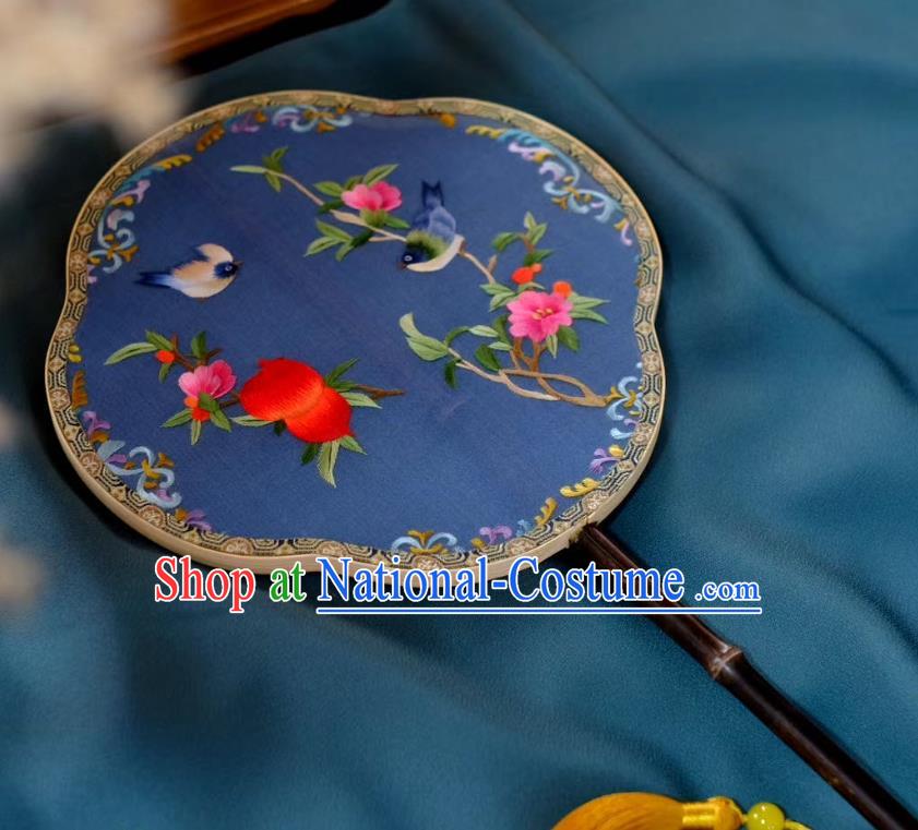 China Classical Palace Fan Double Side Suzhou Embroidered Peach Flowers Fan Handmade Song Dynasty Princess Fans Traditional Hanfu Blue Silk Fan