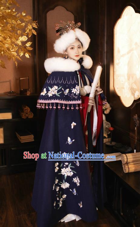 China Traditional Hanfu Navy Cape Garment Ancient Imperial Concubine Embroidered Cloak Ming Dynasty Court Woman Historical Clothing