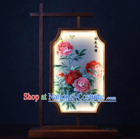 Chinese Embroidered Peony Table Screen Suzhou Embroidery Desk Lamp Handmade LED Lantern